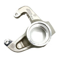 Silver metal Polaris steering knuckle with circular hub and mounting points, left side design.