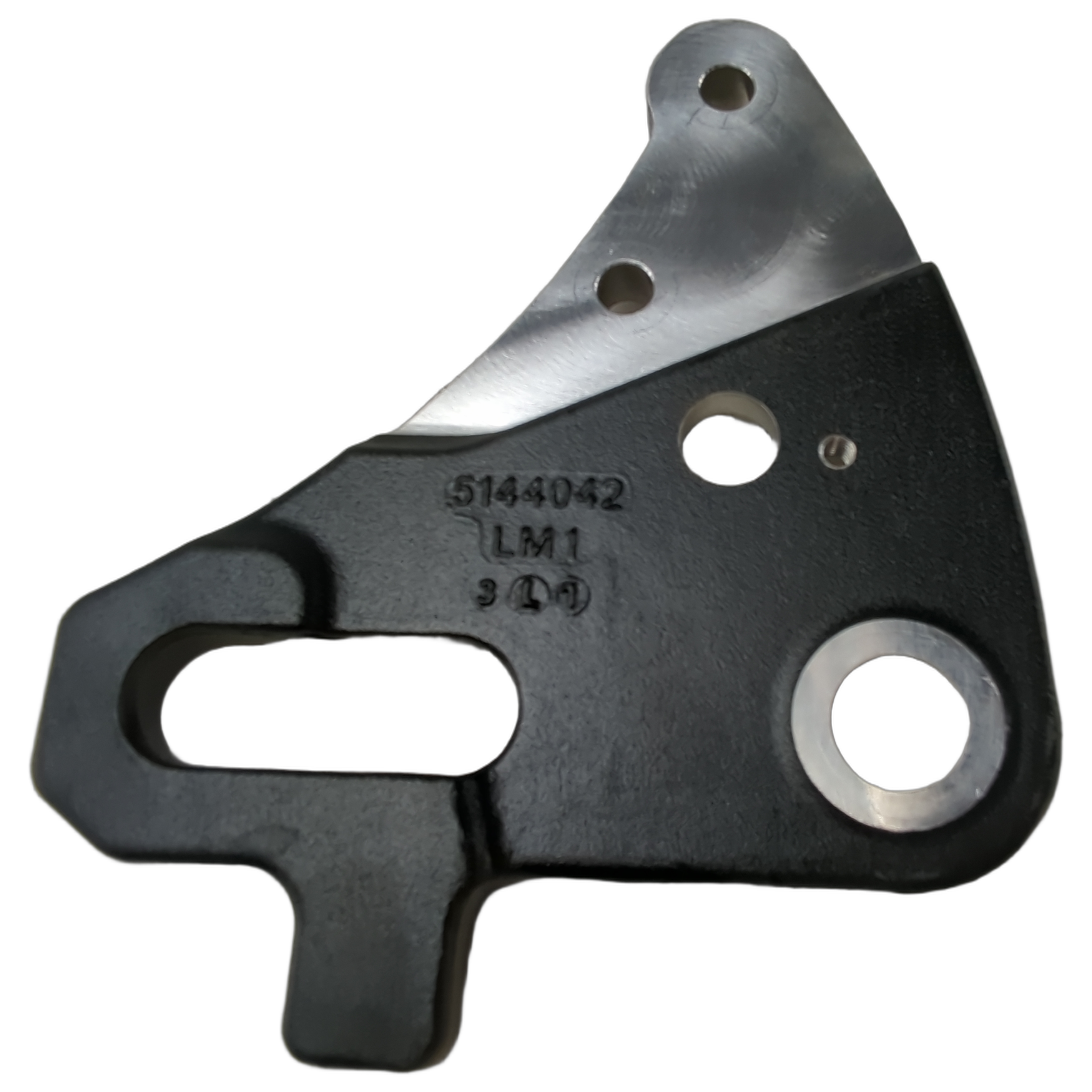 Black metal brake caliper bracket with several mounting holes and stamped part numbers.