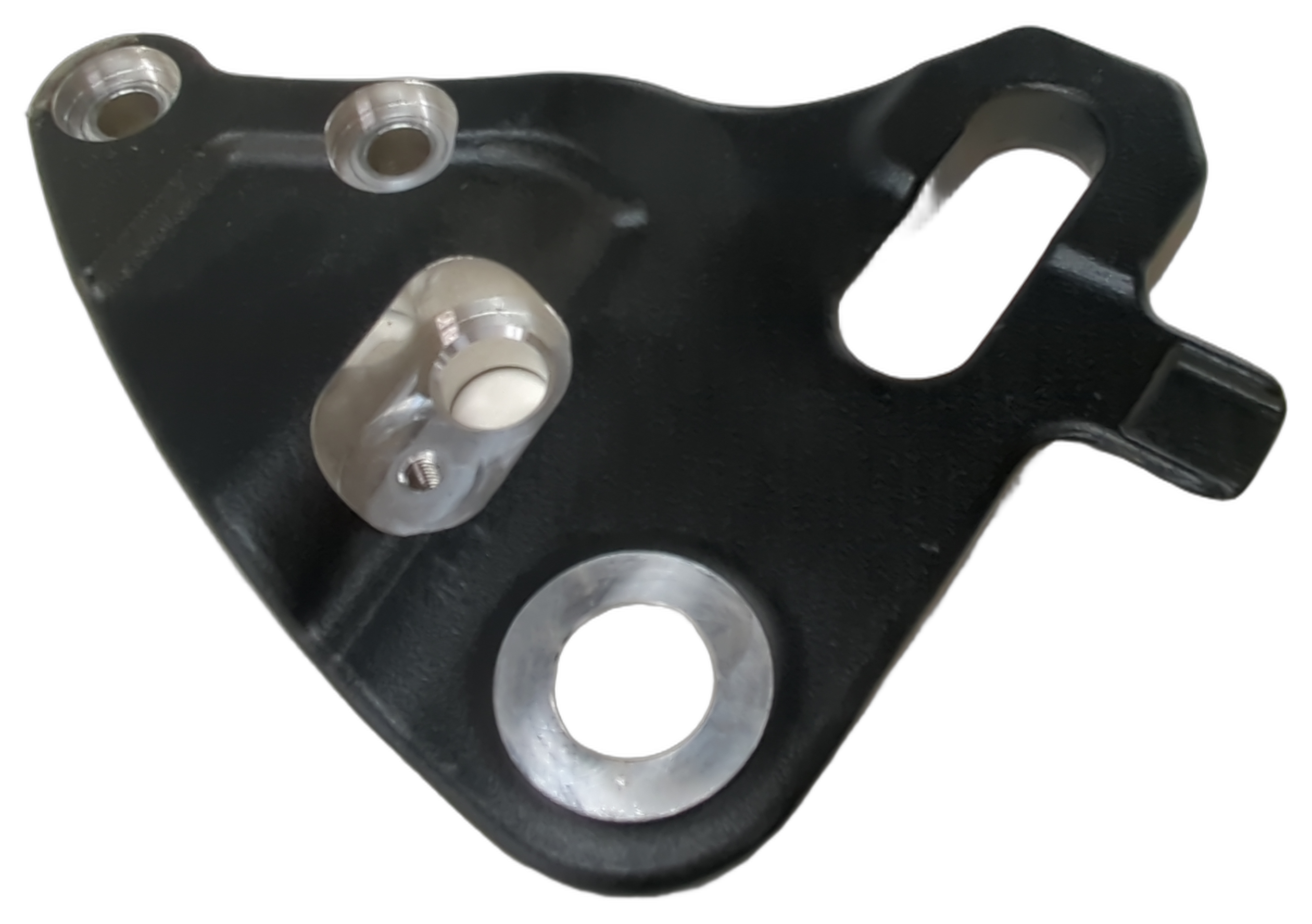 Black metal rear upper brake caliper bracket with multiple bolt holes and a silver mounting pin.