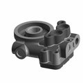 Matte black metal oil filter adapter with multiple mounting points and a circular central opening.