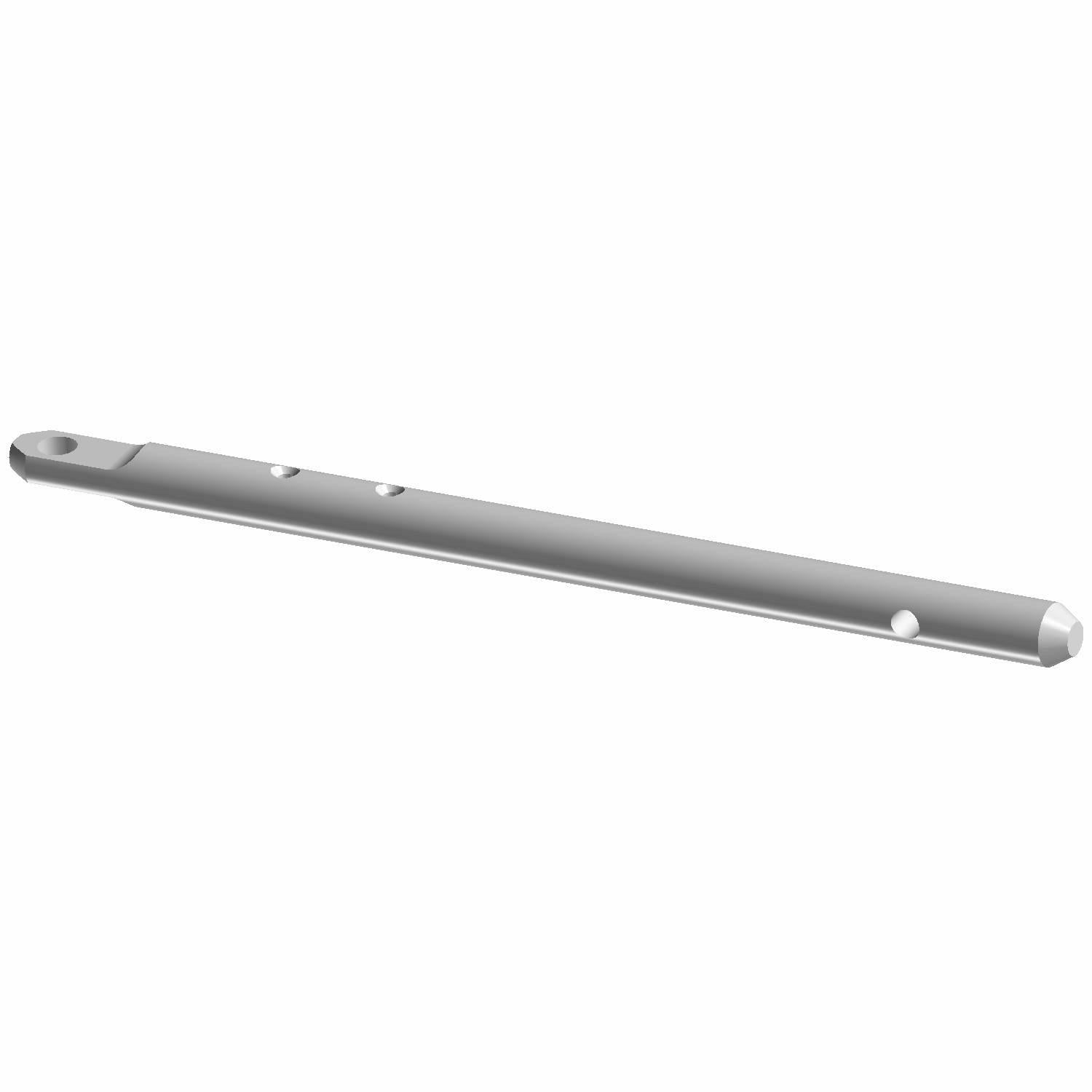 Silver metal disconnect rod with multiple mounting holes and a slightly flattened end.
