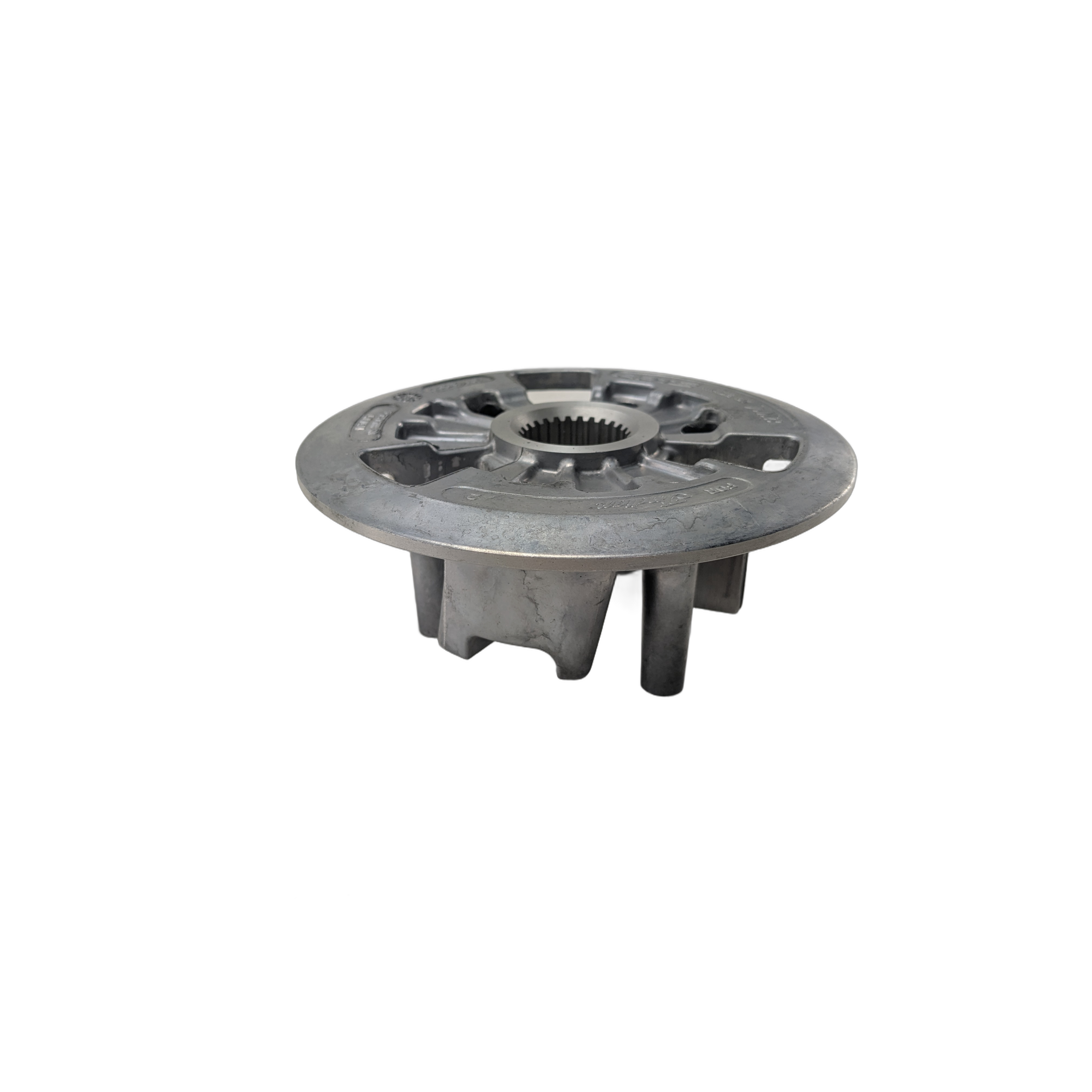 Gray metal clutch pressure plate with circular shape and central splined hub for motorcycles.