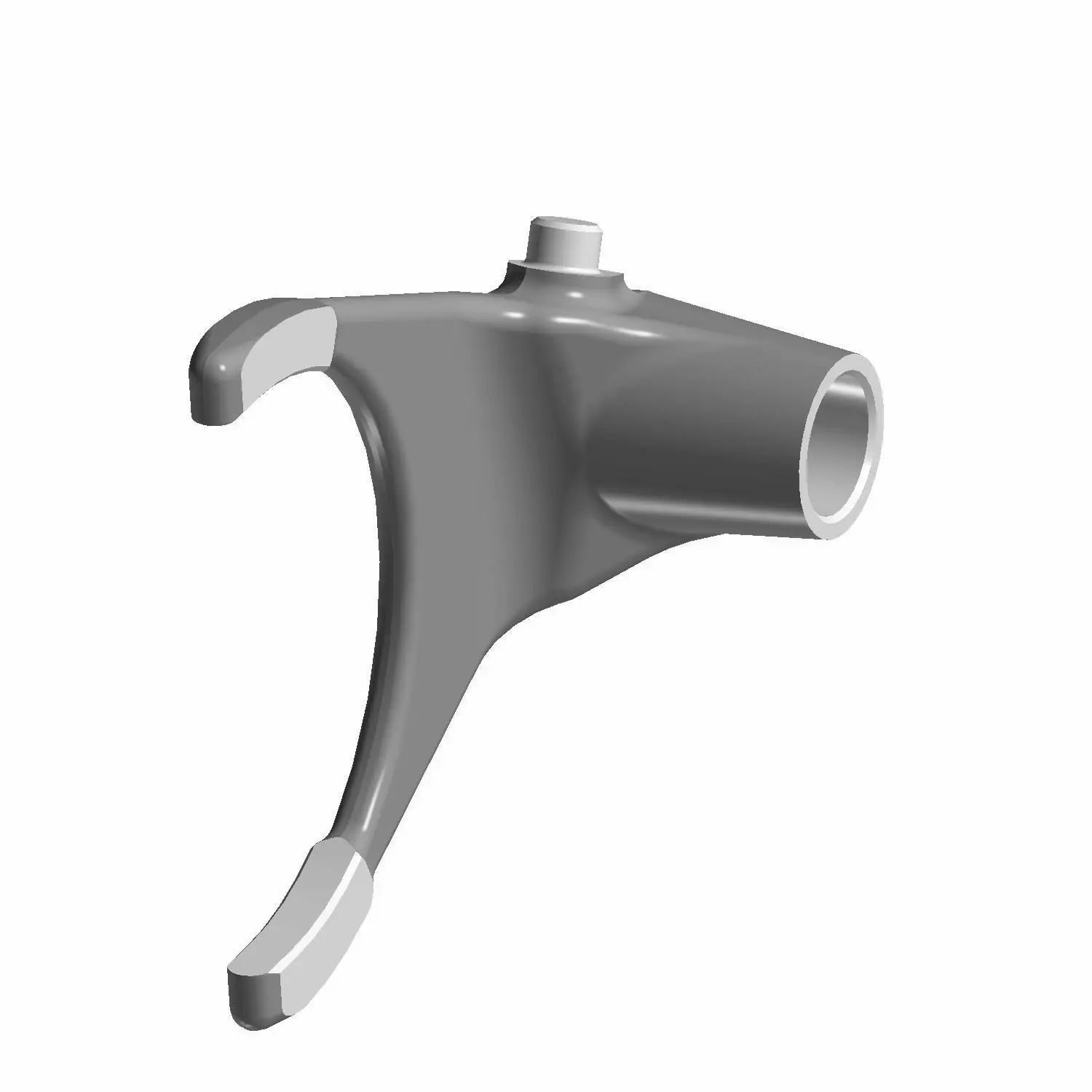 3D-rendered image of the Shift Fork, 5Th/6Th by Polaris—a gray mechanical part with a cylindrical base and curved, two-pronged arm with white-tipped ends—ideal for precise Indian motorcycle OEM replacements.