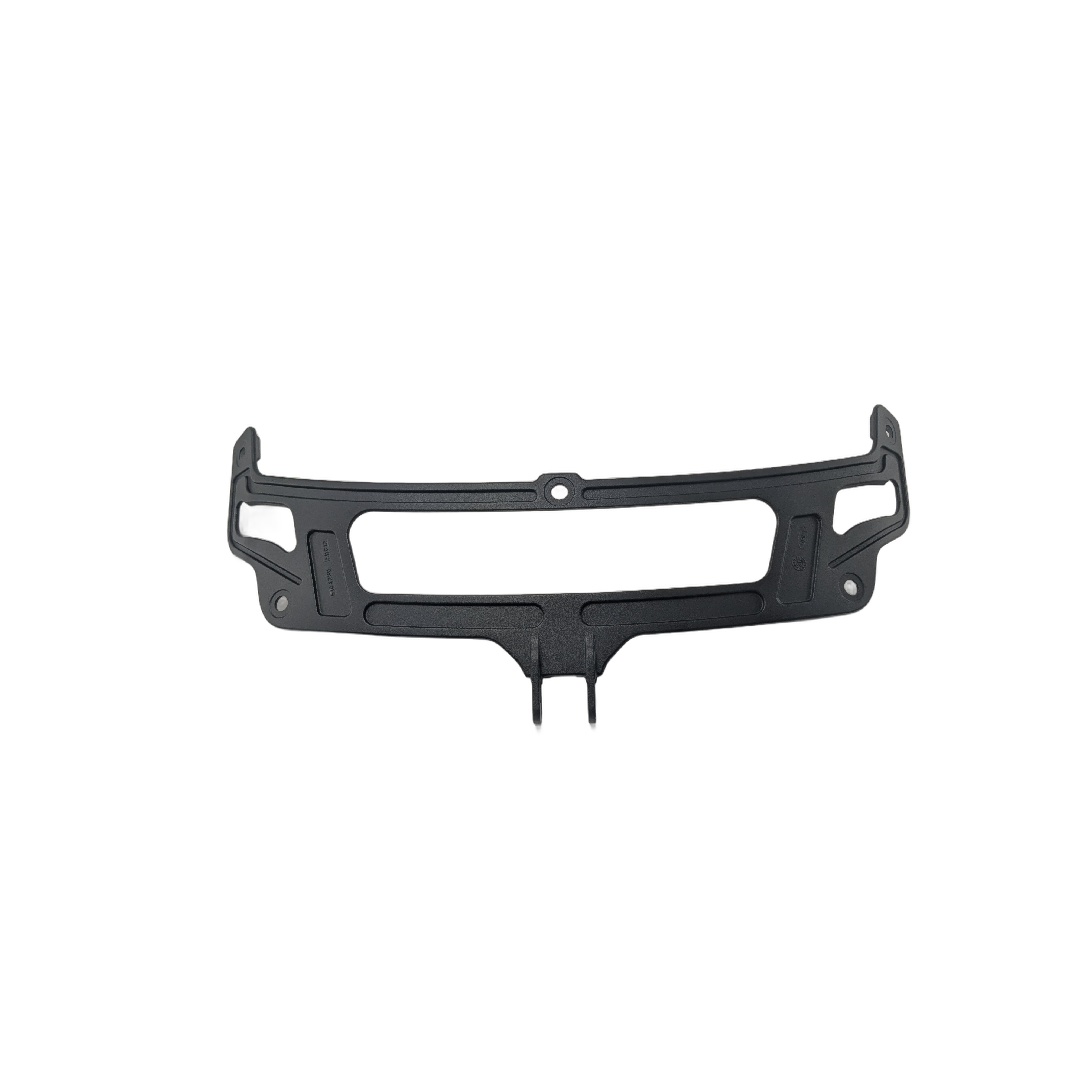A Windshield Support Black by Polaris, crafted from black plastic with mounting points and a central elongated opening, similar to OEM Indian Polaris parts, shown isolated on a white background.