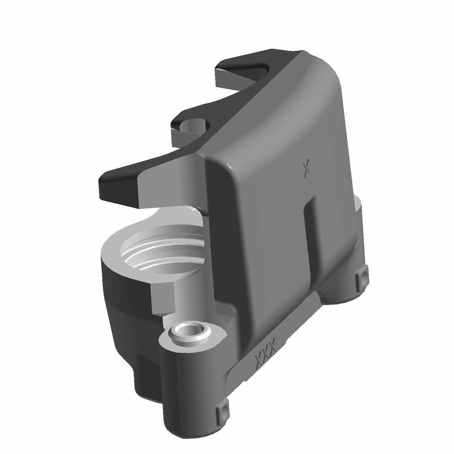 Black and gray compact brake caliper housing with cylindrical mounting hole and integrated protective cover.