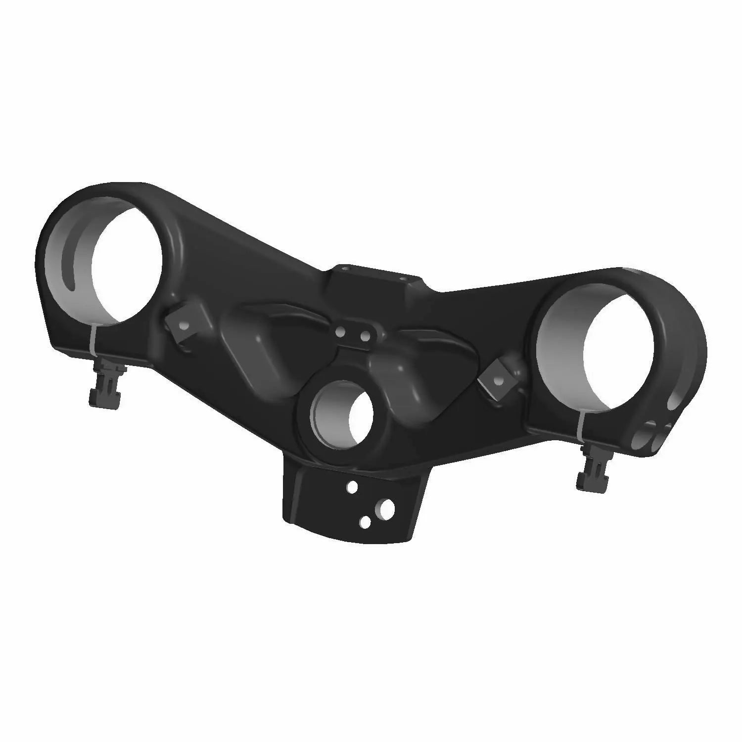 Black metal triple tree clamp with circular fork mounts and central steering stem hole.