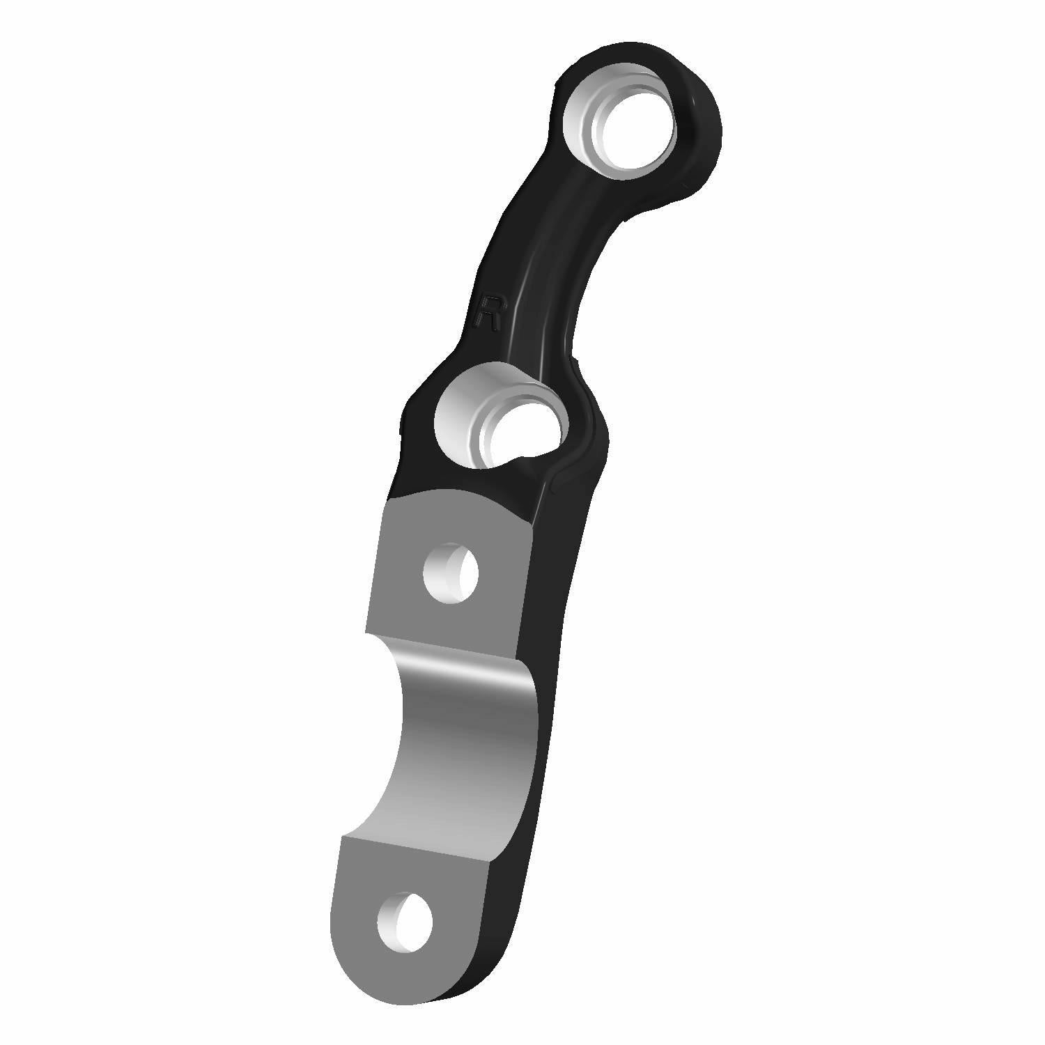 Black and silver anodized aluminum handlebar riser cap with three mounting holes, curved design.