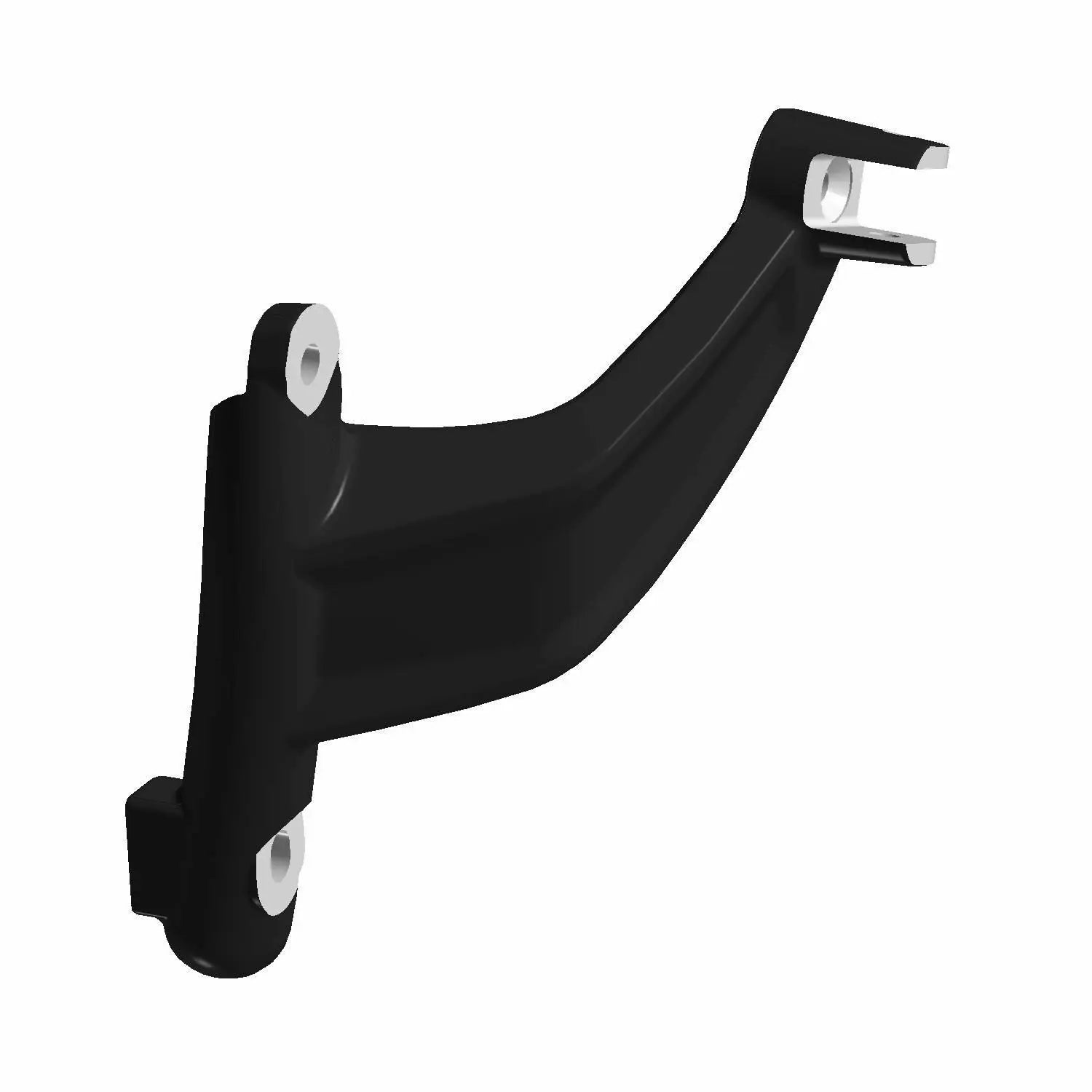 Black metal foot peg mount with curved arm and two mounting points designed for left forward motorcycle installation.
