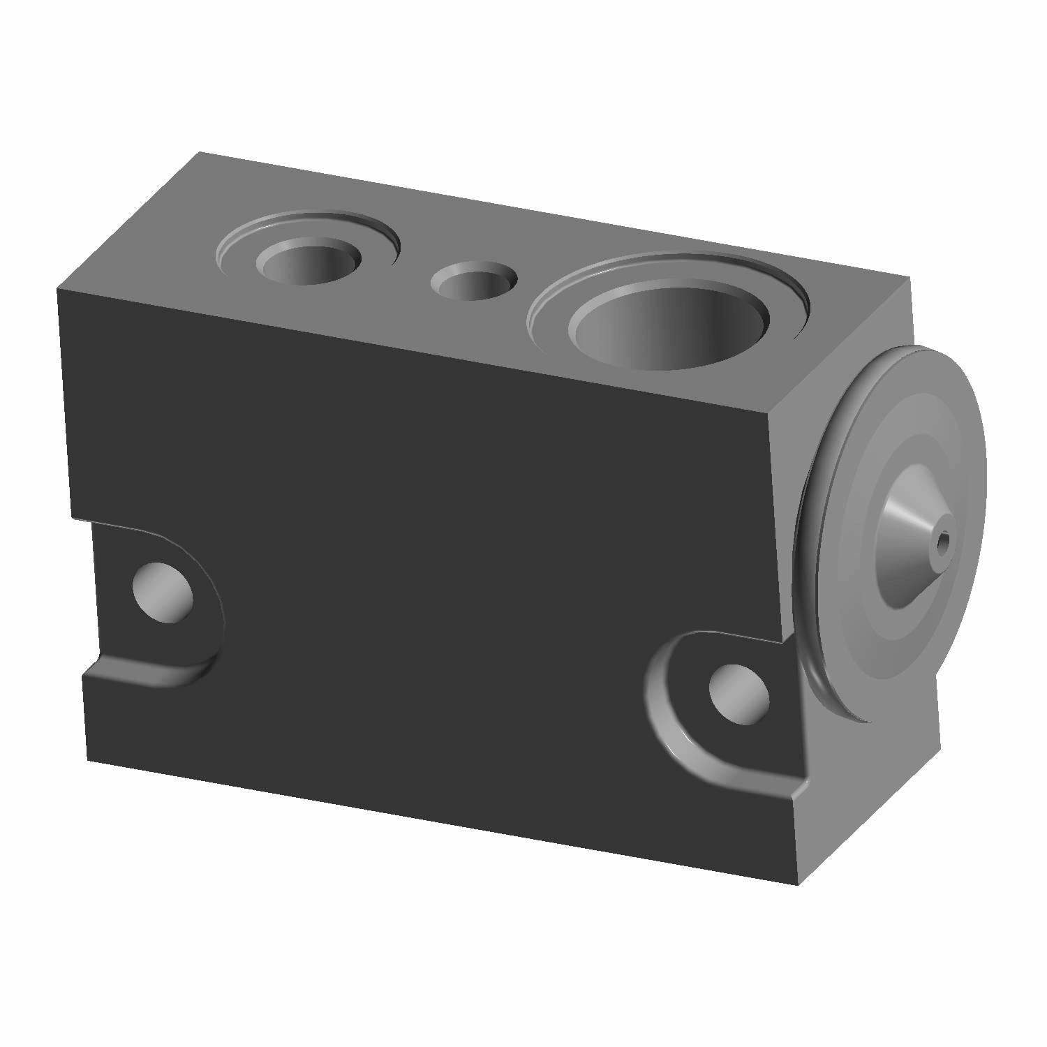 Black rectangular A/C valve block with multiple circular ports and mounting holes, made of metal.
