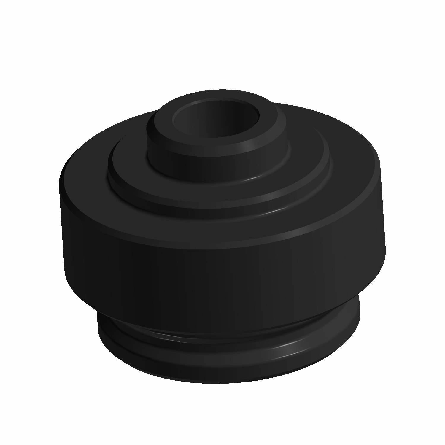 A 3D-rendered image of a black, cylindrical Handlebar End Cap Weight by Polaris with layered circular sections and a central hole, shown on a white background—perfect for those seeking authentic Polaris OEM motorcycle parts.