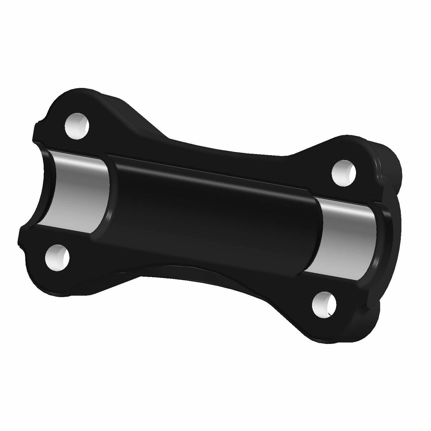 Black billet aluminum handlebar riser cap with four mounting holes and polished silver accents.