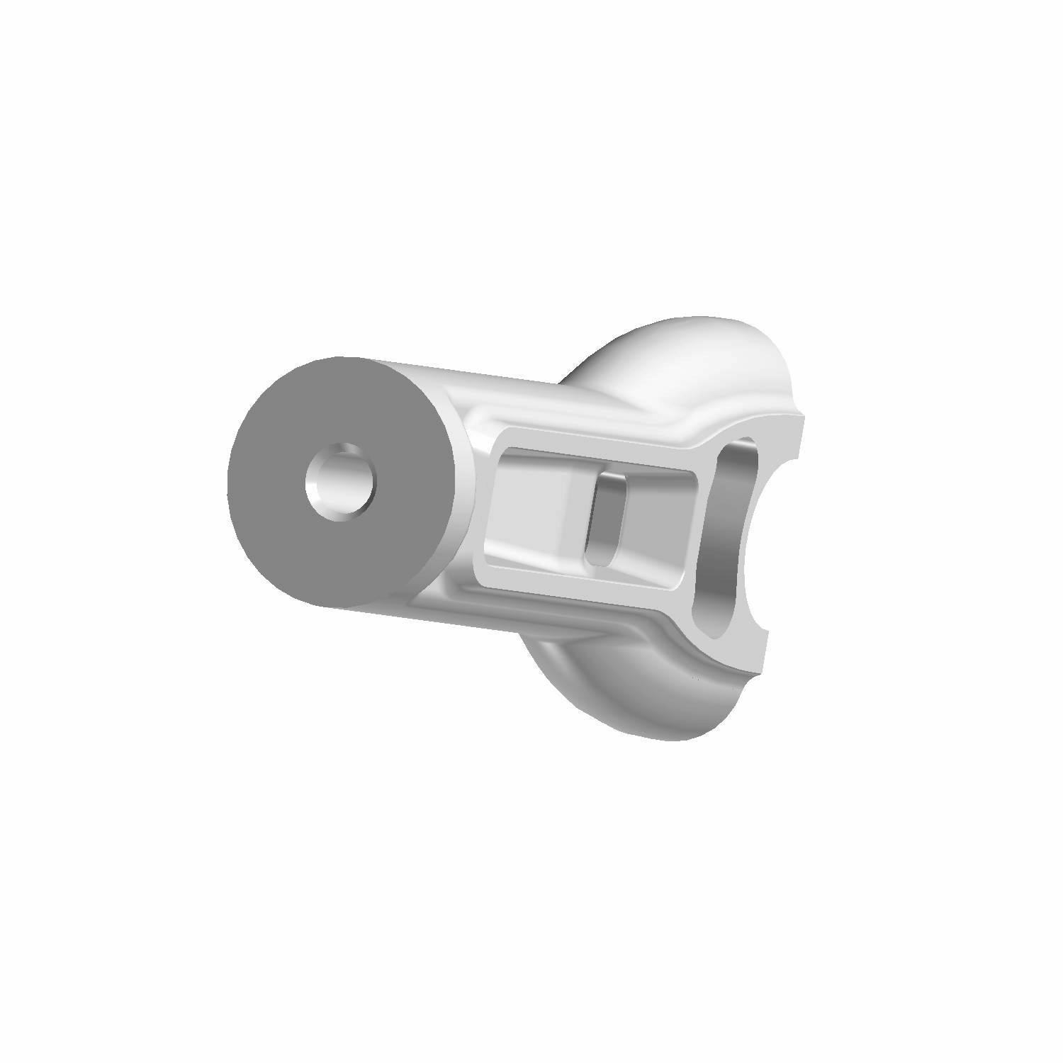 Silver metallic handlebar riser bottom with circular opening and mounting flange.