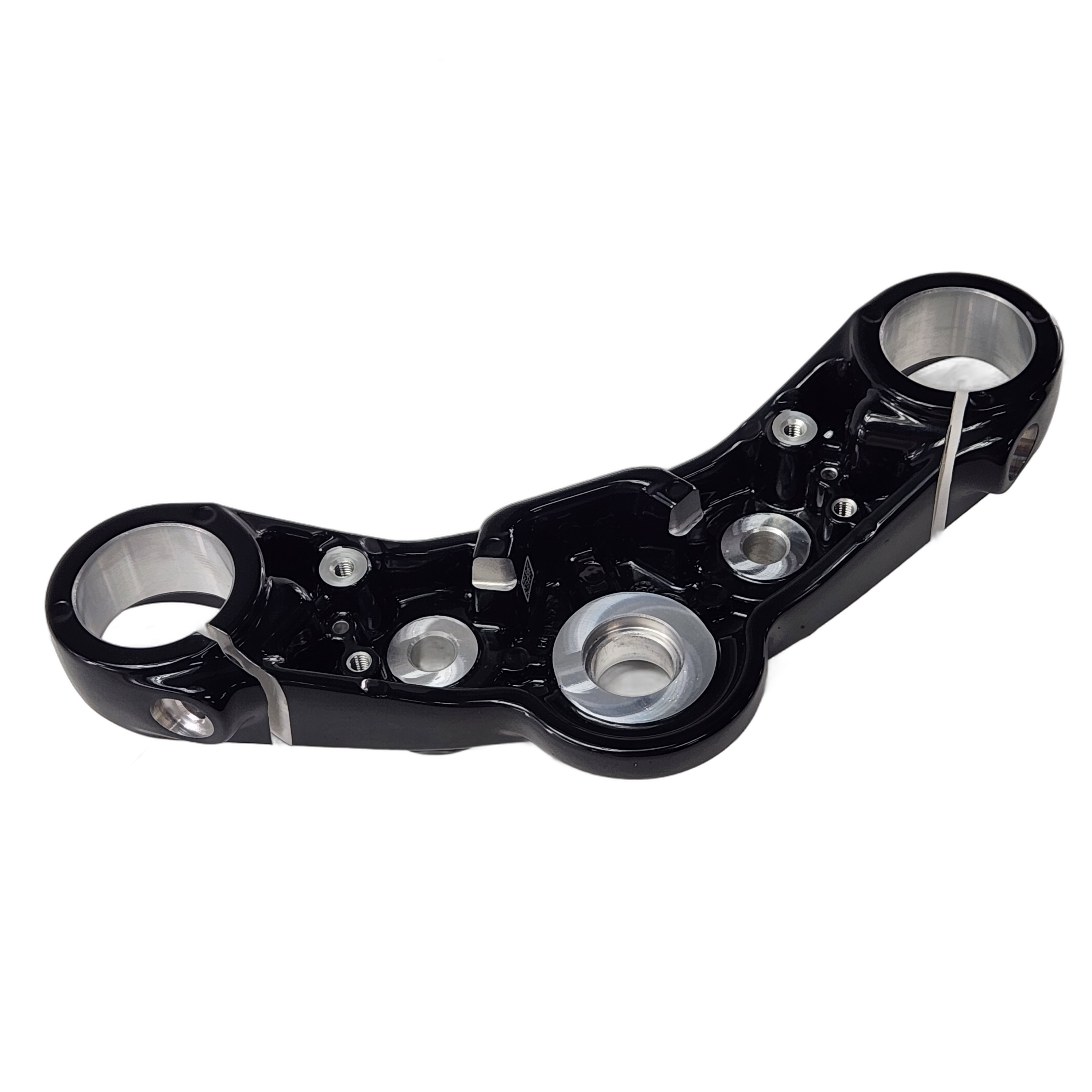 The Clamp Triple Upper Cb Black by Polaris features black and silver metal construction with circular fork tube openings and multiple mounting points, displayed on a white background.