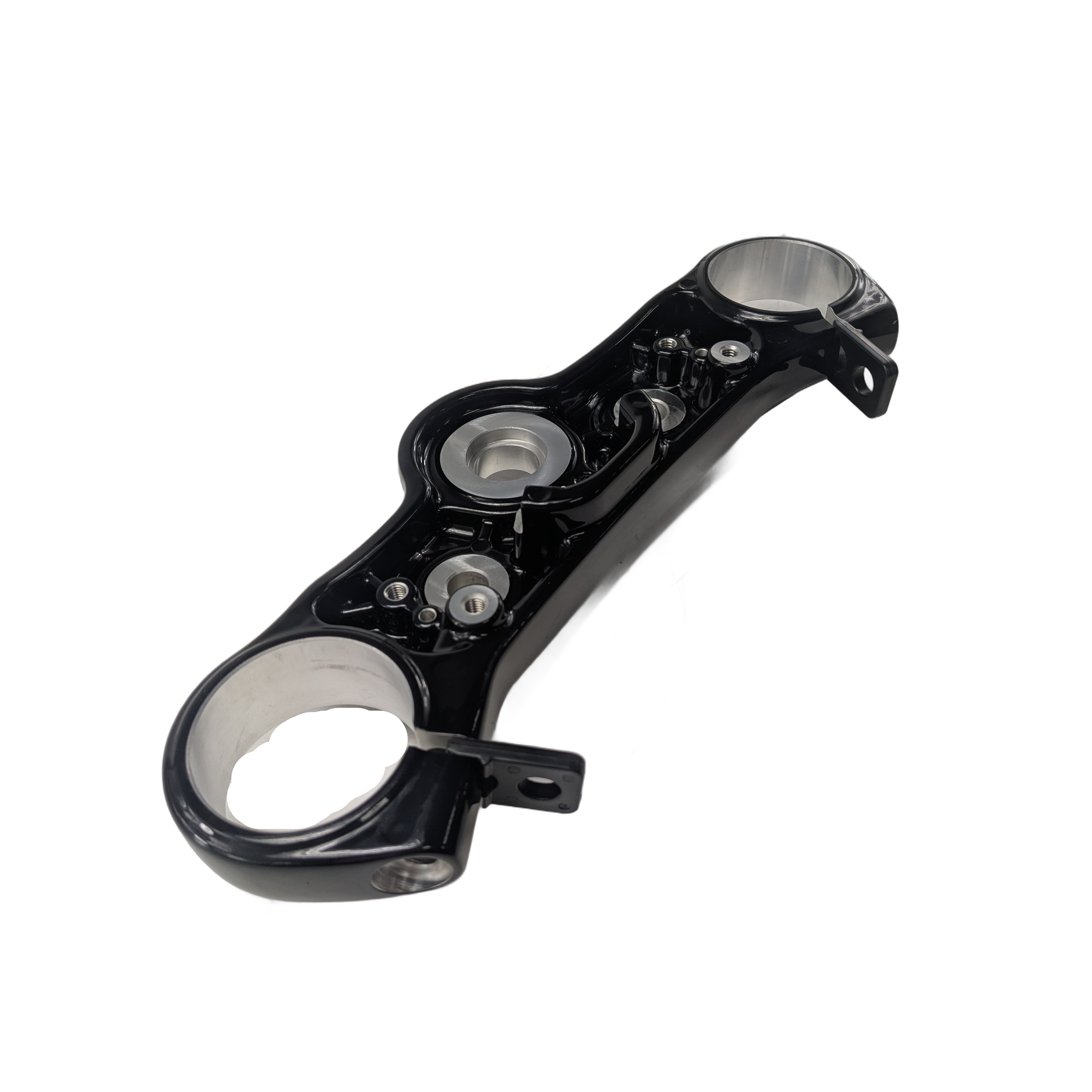 Glossy black metal triple tree clamp featuring two large circular openings and central mounting points for motorcycle.