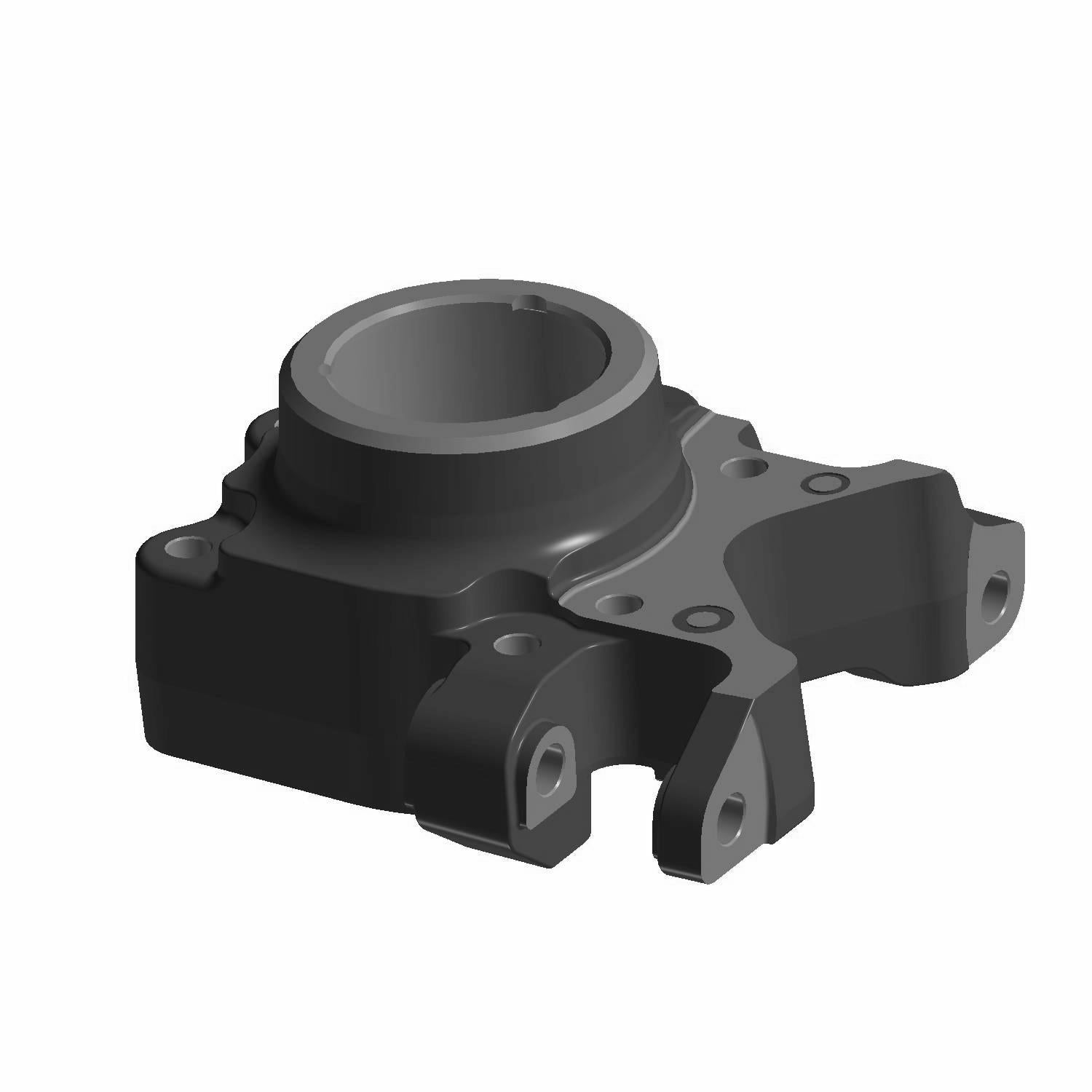 Black metal wheel bearing carrier with cylindrical hub and mounting brackets for Polaris offroad vehicle.