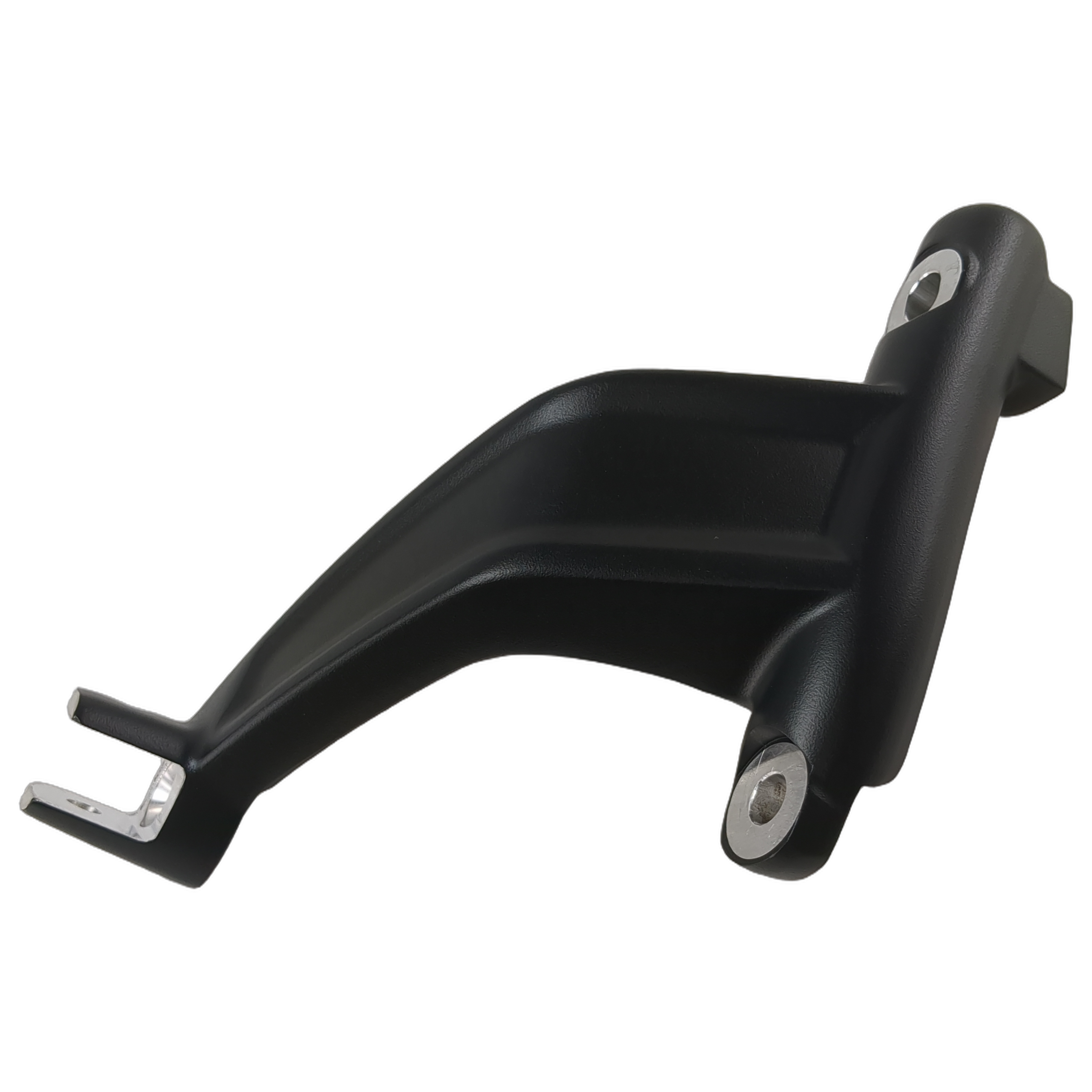 Matte black metal left forward foot peg mount with two circular bolt holes and angled support arm.