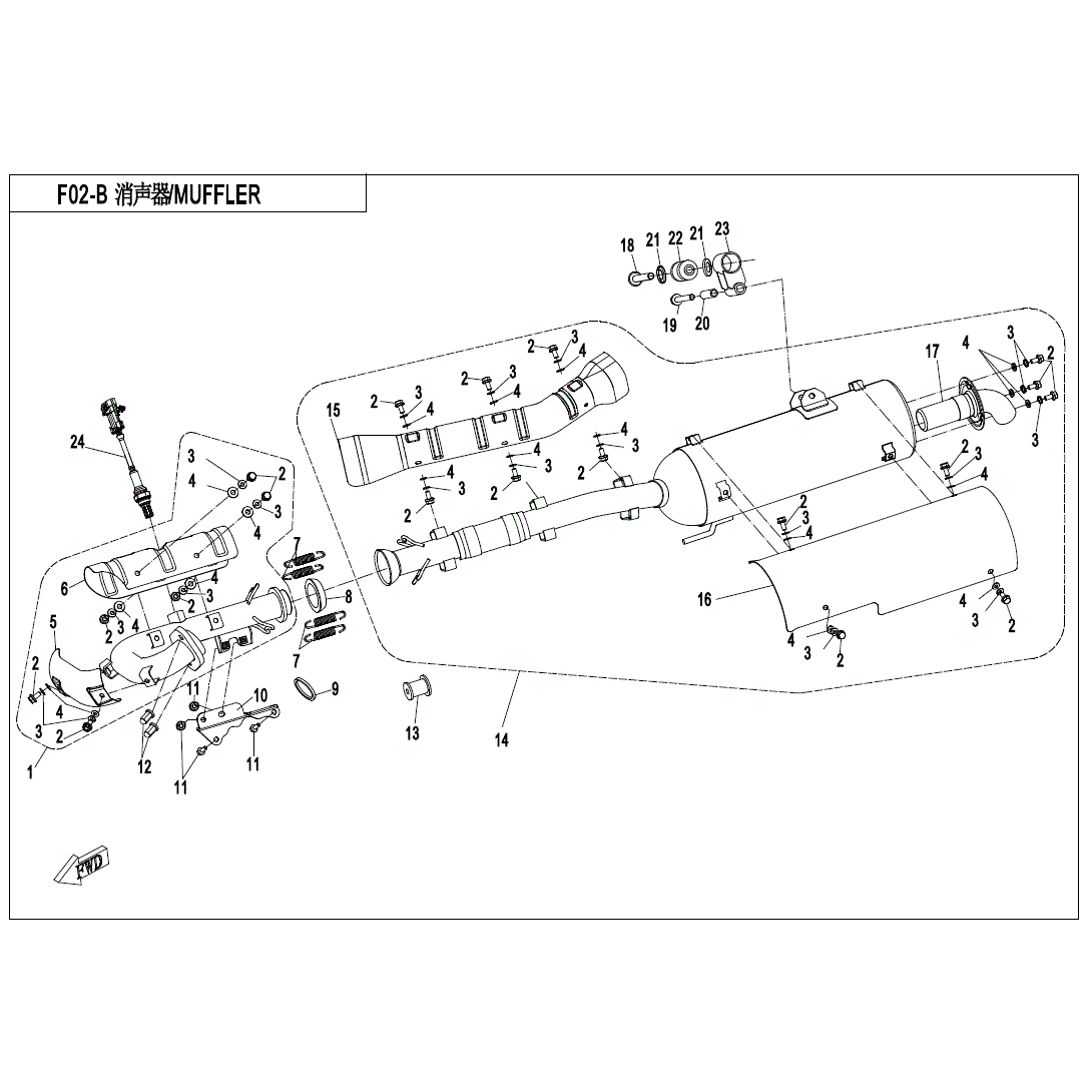 An Image of a genuine CFMOTO Parts Schematic Diagram showing the group - MUFFLER (USA) - 2020 CFMOTO CFORCE 500 S