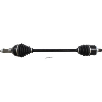 Black metal axle shaft with rubber protective boots on both ends for Kawasaki KRX 1000 front left assembly.