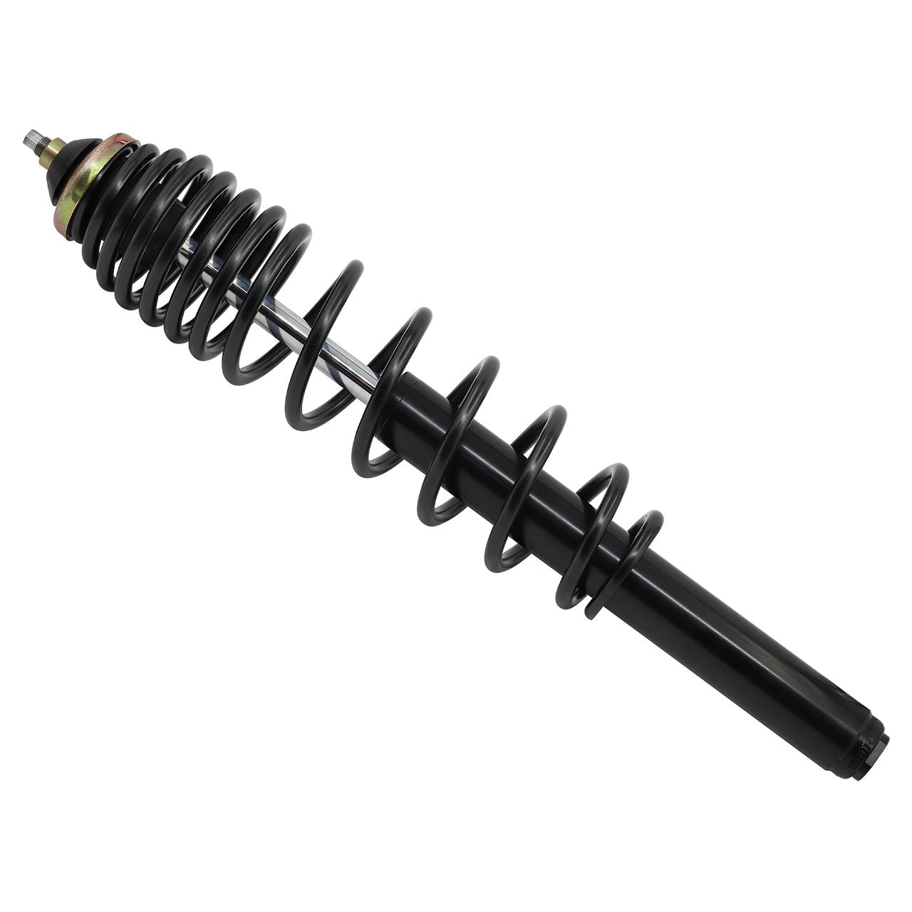 The Polaris Ranger UTV/ATV Front Gas Shock by Bronco, featuring a black body and coiled spring, is shown against a white background.