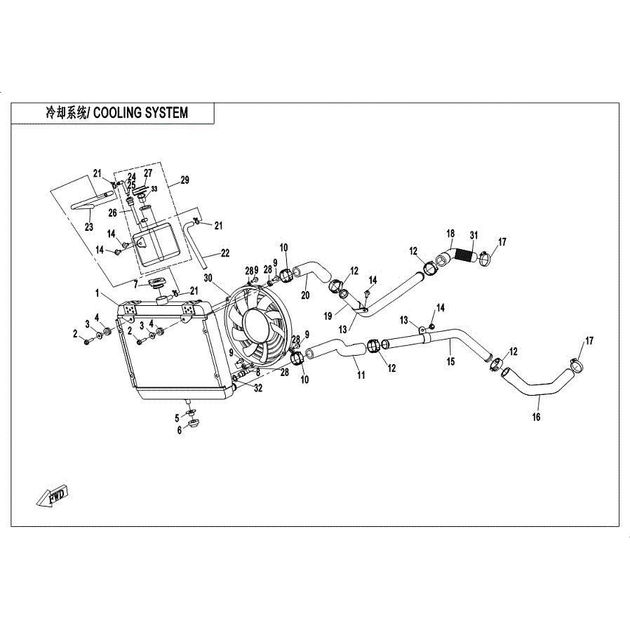 An Image of a genuine CFMOTO Parts Schematic Diagram showing the group - COOLING SYSTEM - 2019 CFMOTO CFORCE 400