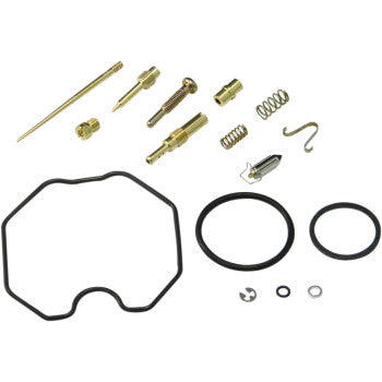 The Polaris Carburetor Repair Kit by Shindy features main and pilot jets, brass springs, a needle, hook, float valves, O-rings, and gaskets—all displayed on a white background.