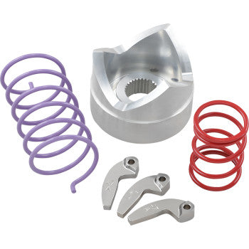 The Clutch Kit by Epi features a silver cam, three curved silver levers, one large purple coil spring, and three small red coil springs for enhanced throttle response—all displayed on a white background.