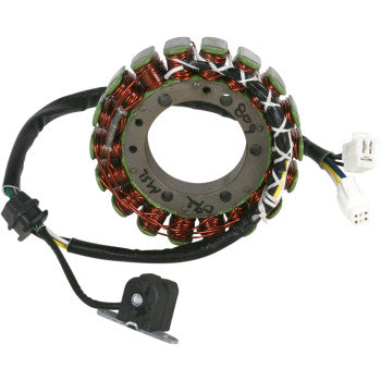 Circular Suzuki stator with copper wire coils and black wiring harness with white connectors.