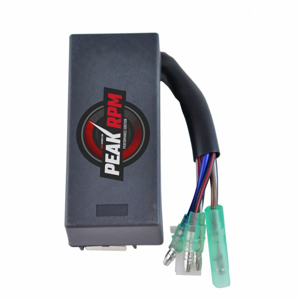 Black rectangular CDI box with a red and white "Peak RPM" logo and three multicolored wires ending in green connectors.