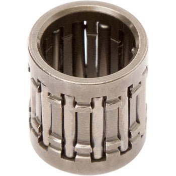 Metal cylindrical wrist pin bearing with evenly spaced needle rollers inside and a smooth outer surface.
