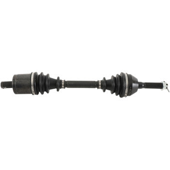 Black metal Polaris Sportsman axle kit with rubber boots and splined ends for offroad vehicles.