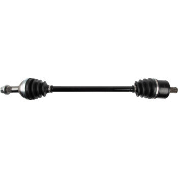 Black metal rear axle shaft with rubber gaiter boots on both ends and exposed splined ends.