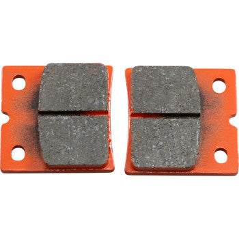 Two rectangular orange Sintered Brake Pads by EBC with dark, textured friction surfaces, a central groove, and two side mounting holes; designed for high performance with an HH friction rating.