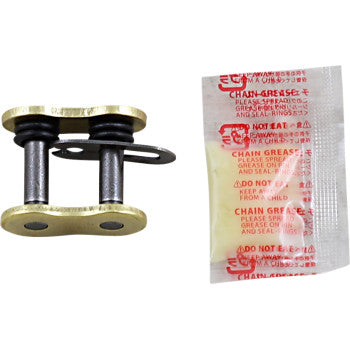 The 530 Max O Connecting Link Clip Gold by Rk, a metal motorcycle link with rubber O-rings, is displayed beside a small packet of chain grease with red text.