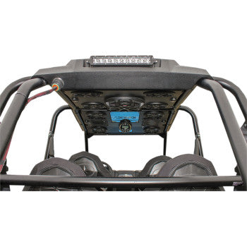 Black overhead audio shade with integrated 8 speakers, 1 subwoofer, and LED light bar for Polaris UTV.