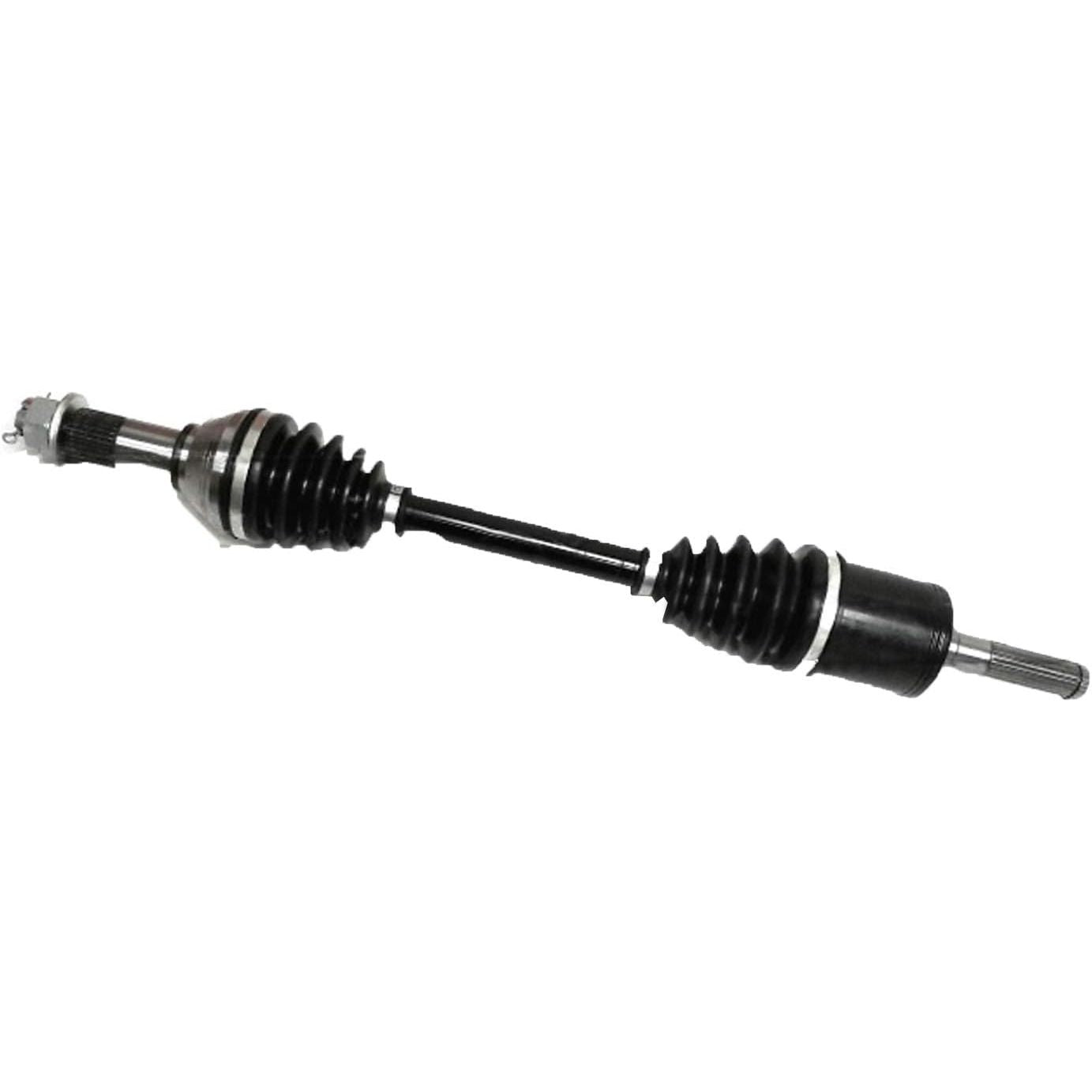 Black metal CV axle shaft with rubber accordion boots on both ends and splined shafts for Can-Am vehicles.