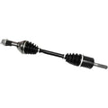 Black metal CV axle shaft with rubber accordion boots on both ends and splined shafts for Can-Am vehicles.