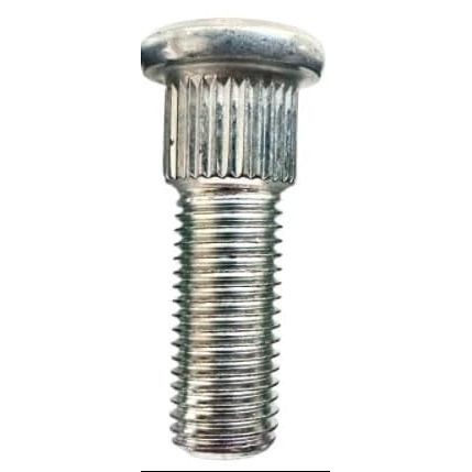 Silver metal wheel stud with a ridged shaft and threaded end for secure fastening.