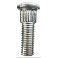 Silver metal wheel stud with a ridged shaft and threaded end for secure fastening.