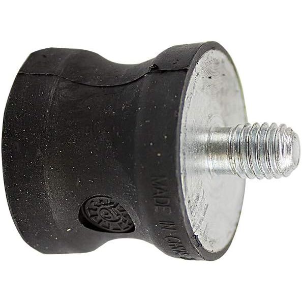 Black rubber isolator mount with cylindrical shape and threaded metal stud on one side.