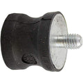 Black rubber isolator mount with cylindrical shape and threaded metal stud on one side.