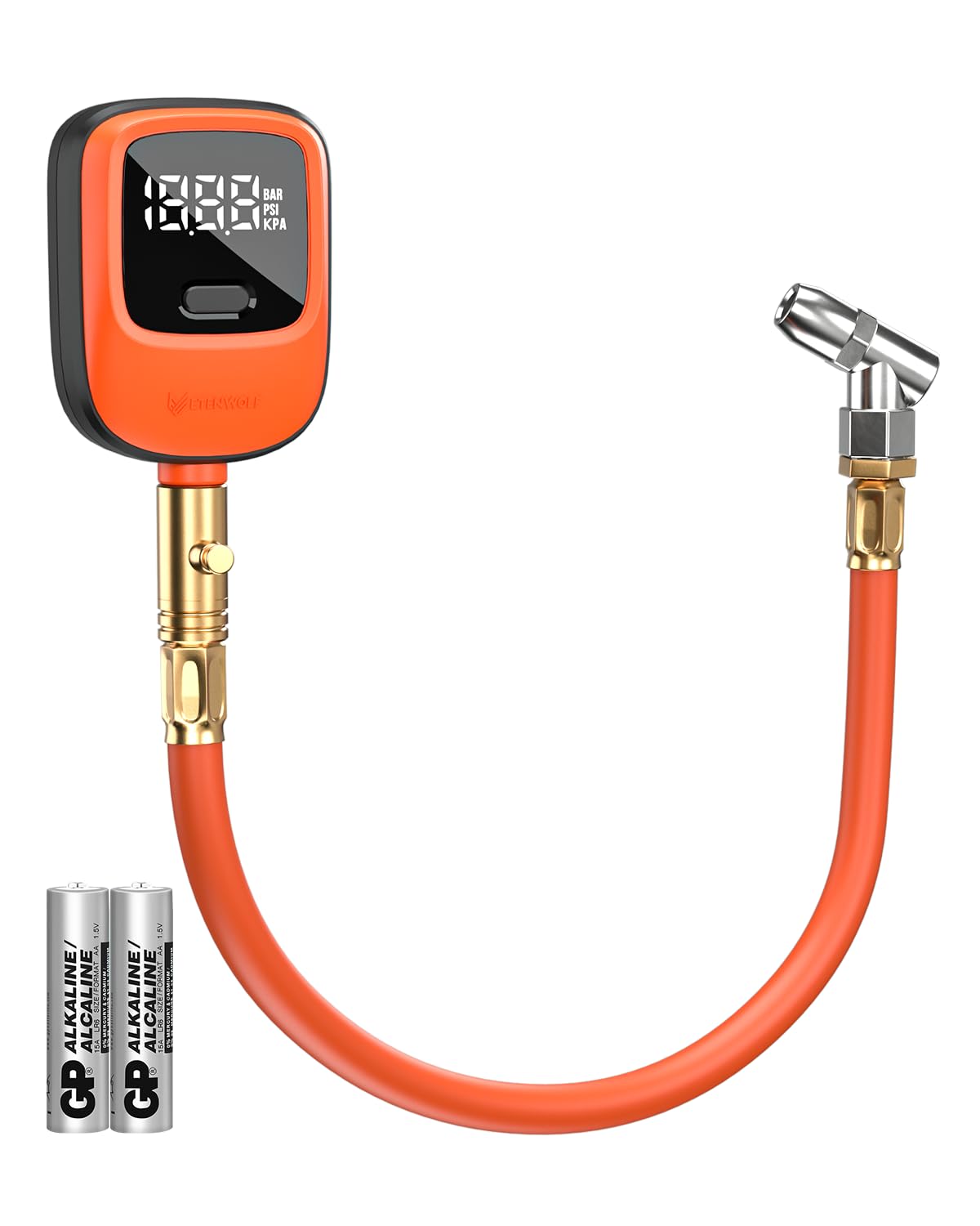 Orange digital tire gauge with black display screen, gold metal connector, flexible orange hose, and two AA batteries beside