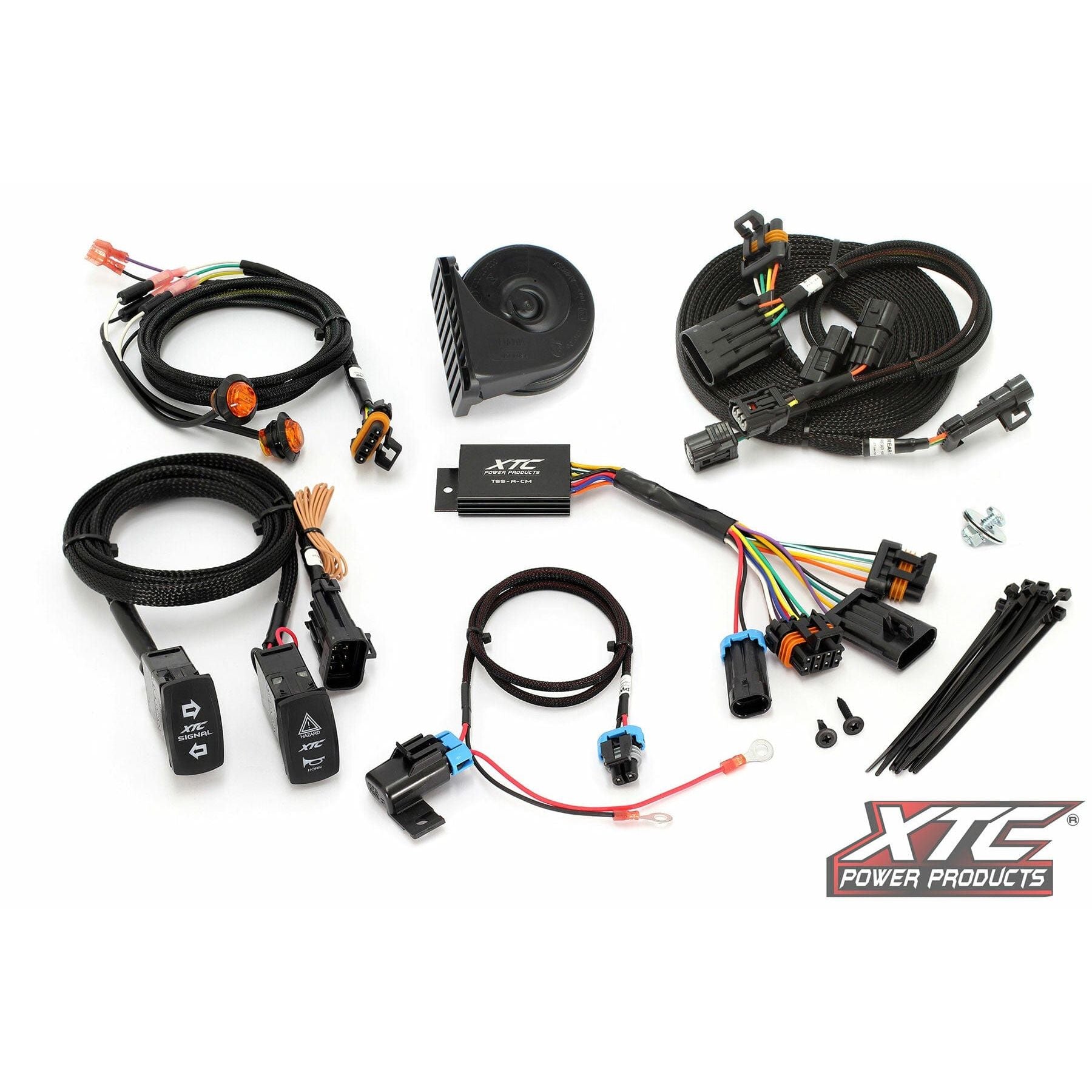 The Self Canceling Turn Signal Kit Kaw By XTC Power includes cables, connectors, switches, a relay box, zip ties, screws, and a black horn. It features an Automatic Turn Signal System and displays the XTC Power Products logo on a white background.