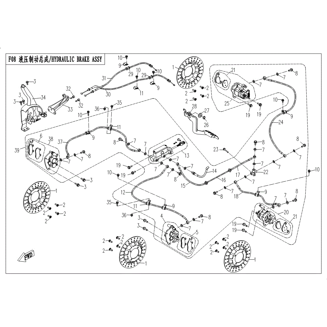 An Image of a Genuine CFMOTO Parts Schematic Diagram showing the schematic - HYDRAULIC BRAKE ASSY - 2017 CFMOTO UFORCE 500