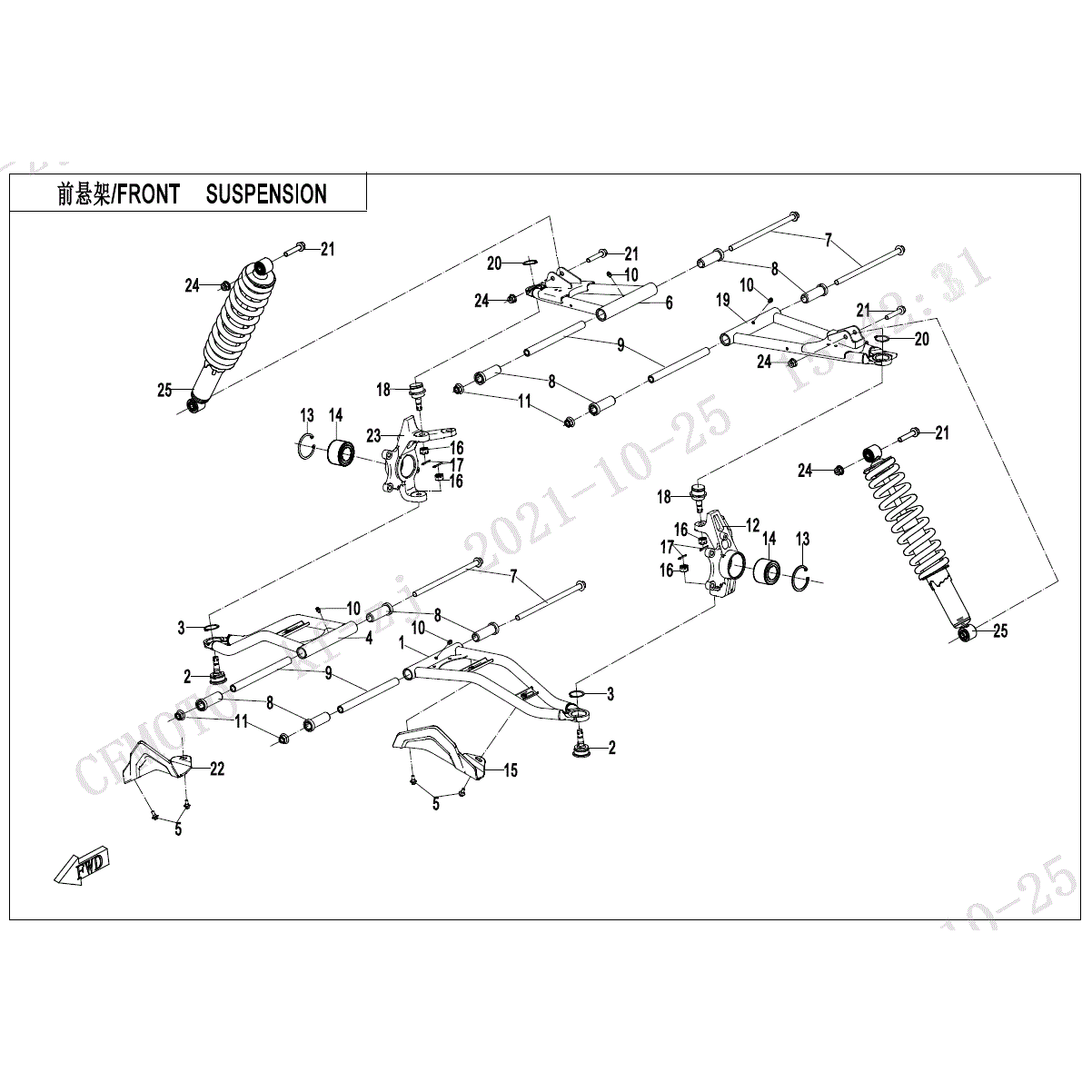 An Image of a Genuine CFMOTO Parts Schematic Diagram showing the schematic - FRONT SUSPENSION - 2024 CFMOTO UFORCE 1000 XL