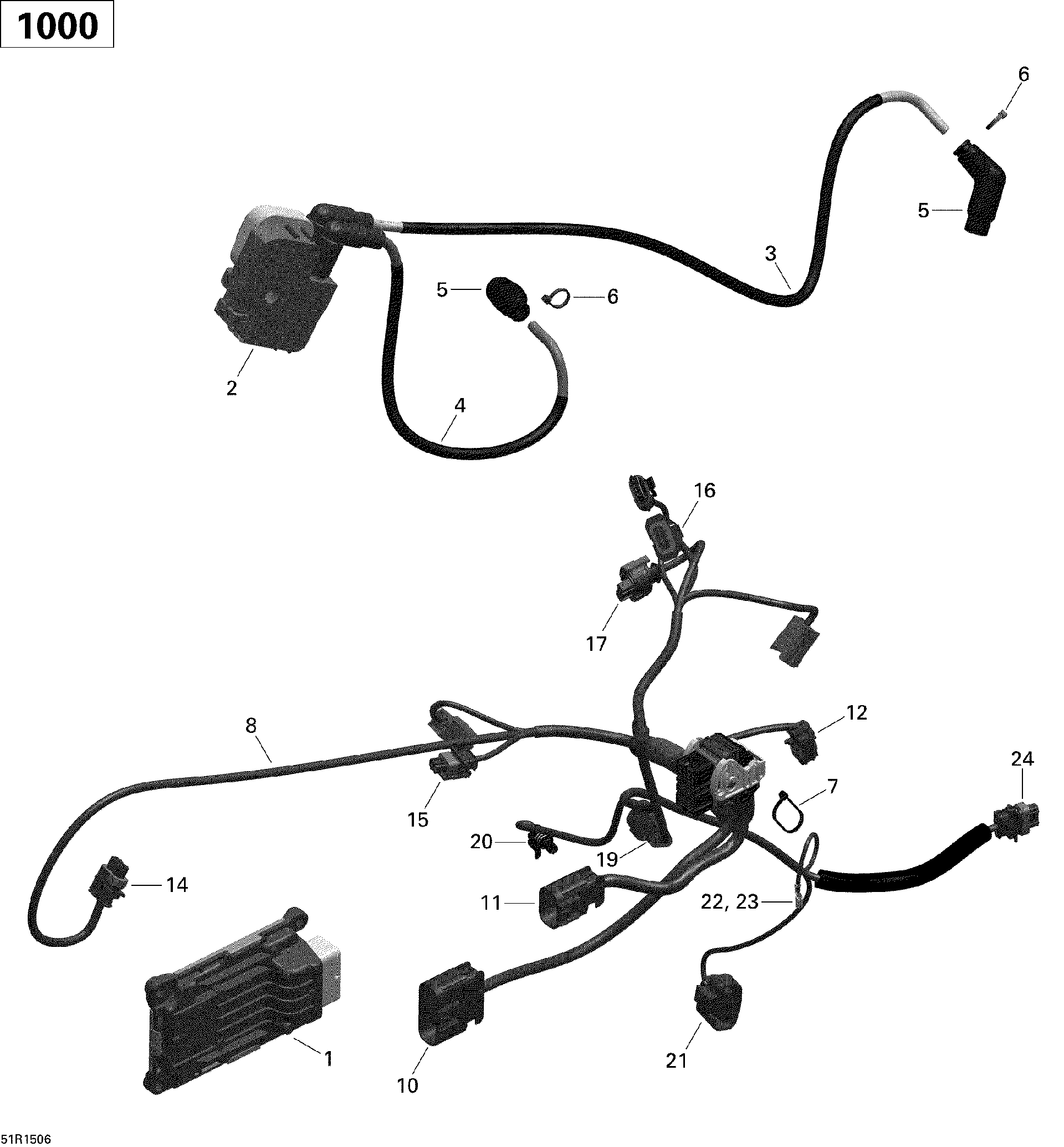 An Image of a Genuine Can-Am Parts Schematic Diagram showing the schematic - ENGINE HARNESS AND ELECTRONIC MODULE _51R1506