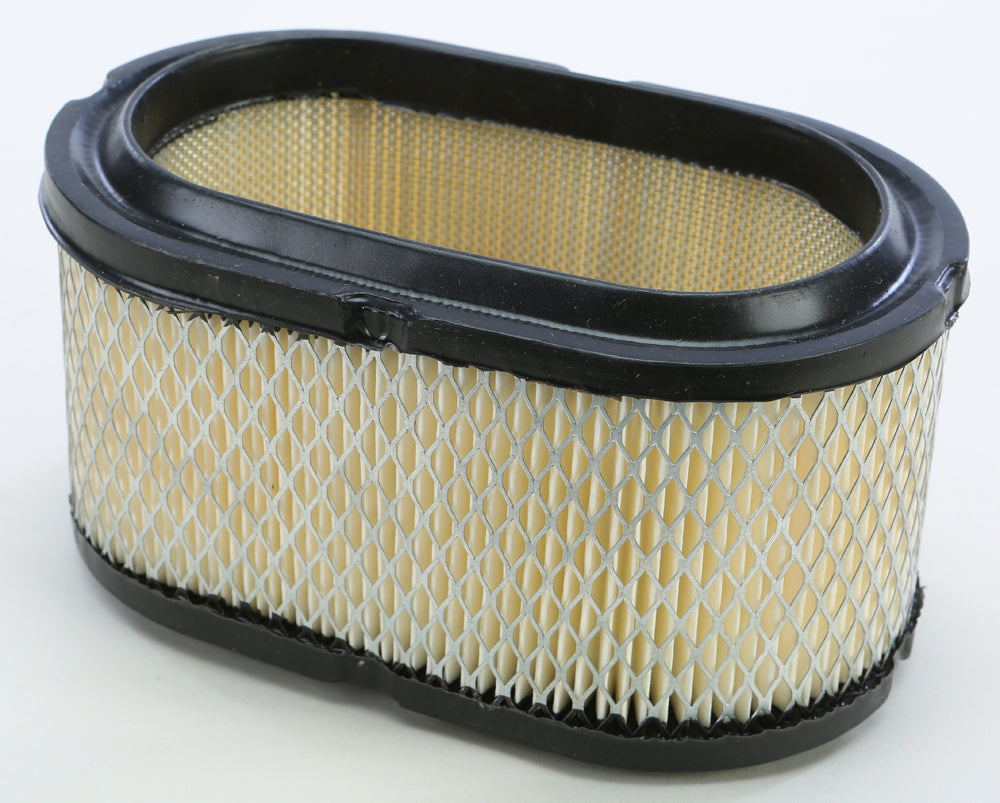 The Polaris ATV/UTV Air Filter by EMGO features an oval design with a black plastic frame and pleated yellowish filter material in a white mesh, shown on a plain white background.