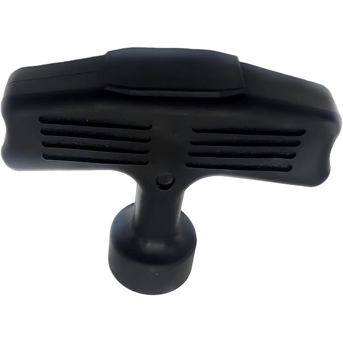 Black plastic recoil starter handle with ergonomic grip and ventilation grooves.