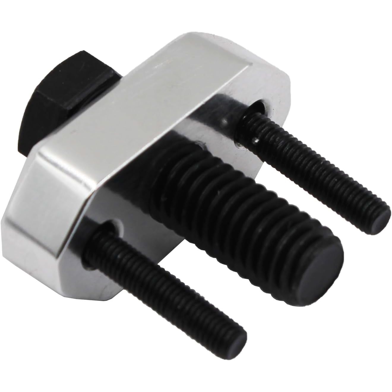 Silver and black metal UTV steering wheel puller tool with two threaded bolts and a central knob.