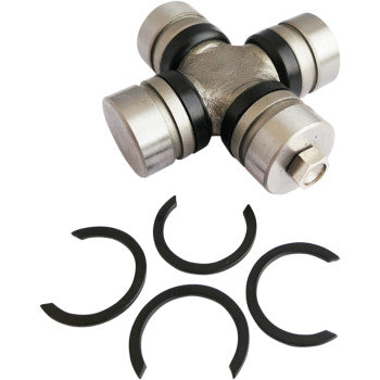 An Arctic Cat Universal Joint by Epi, featuring four bearing caps and four black retaining clips for OEM parts replacement, is arranged below on a white background.