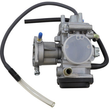 Silver metal Yamaha carburetor with black hoses and plastic clear fuel line attachment.